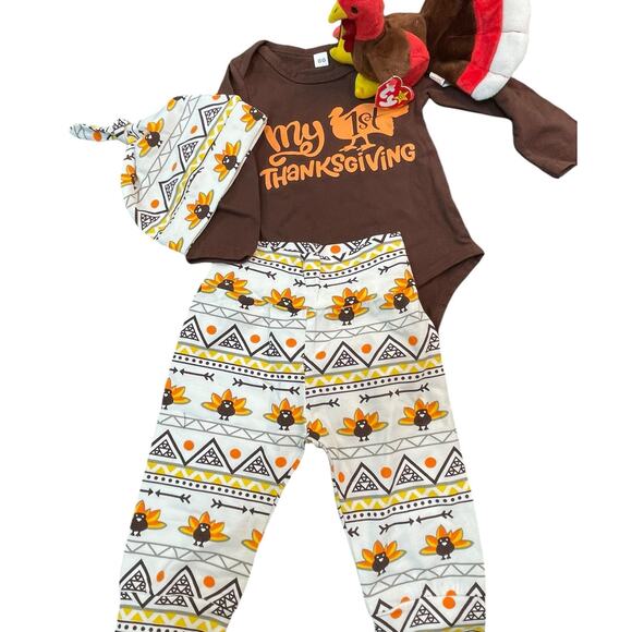 Thanksgiving Outfit Baby Sz 80 Leggings 1 Piece Cap Turkey Beanie Baby Lot of 4 - Picture 12 of 12
